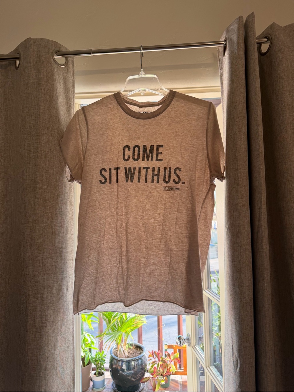 The Laundry Room Brown Graphic Ringer Tee - 'COME SIT WITH US.'